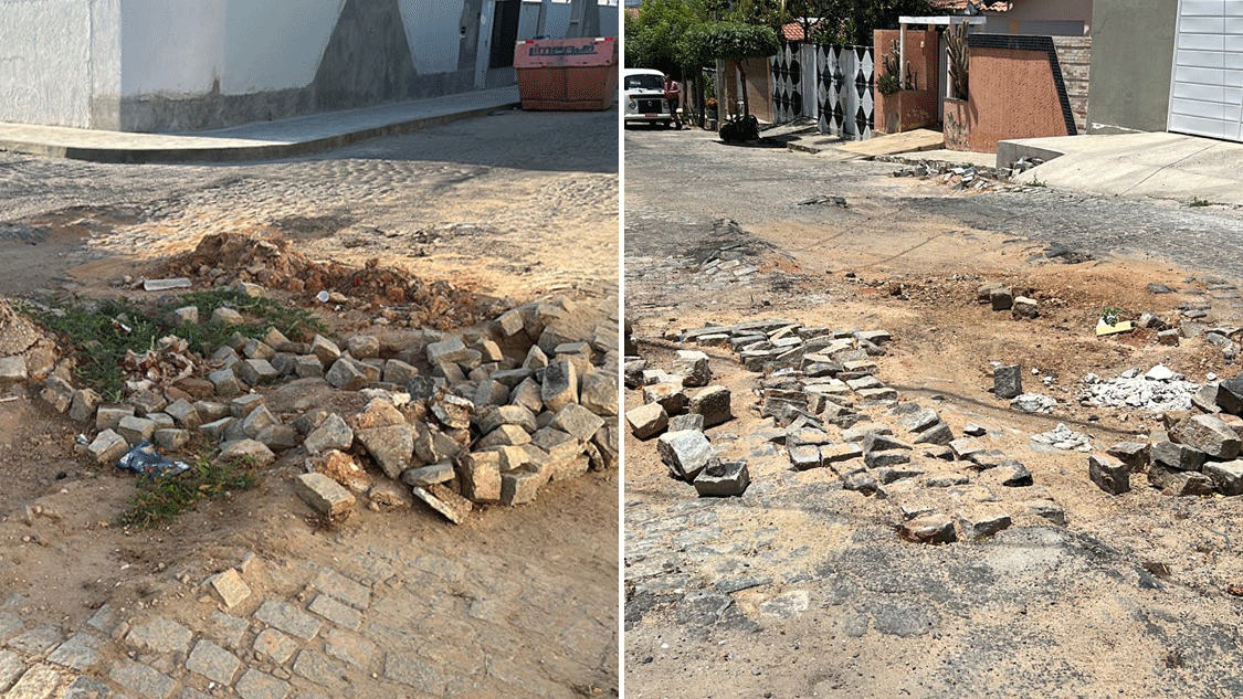 Moradores das ruas Azenriel de Brito Siqueira e João Leite cobram providências para calçamento com diversos buracos. Prefeitura diz que irá buscar celeridade para resolver o problema