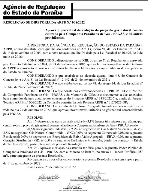 Agência de Regulação aprova redução de até 9,7% no preço do gás natural na Paraíba a partir de novembro