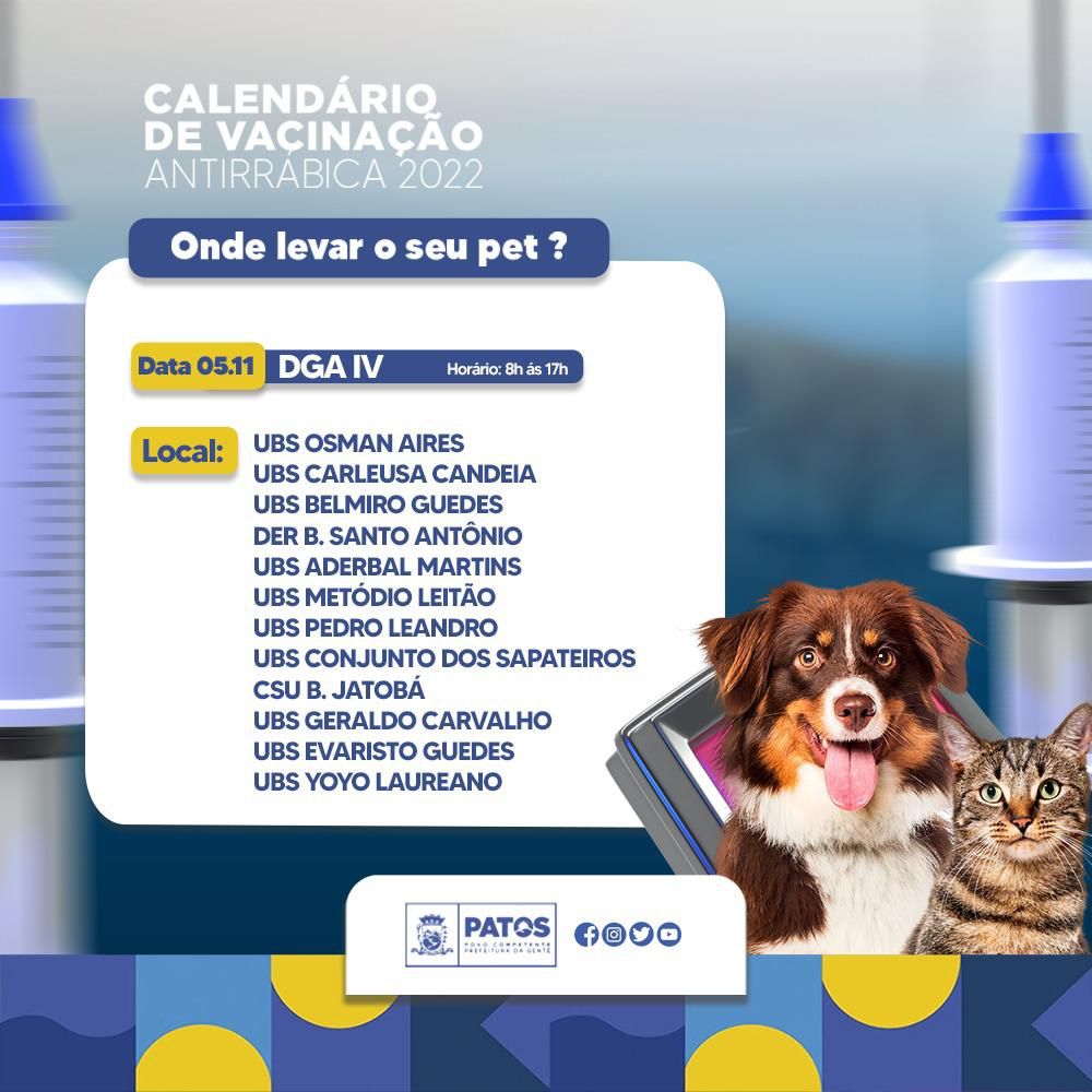 Vacinação antirrábica terá nova etapa neste sábado, 5, em Patos