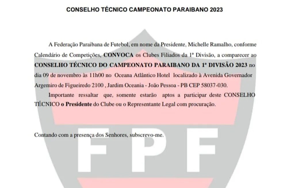 FPF-PB convoca clubes para o Conselho Técnico do Campeonato Paraibano 2023