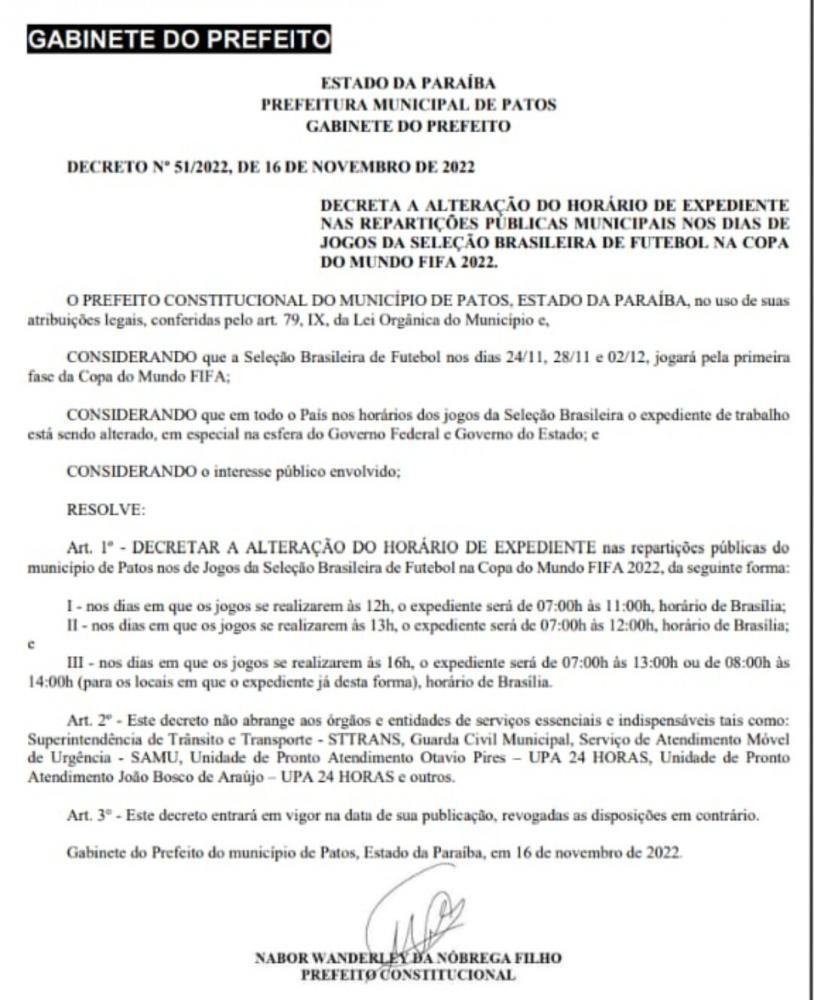 Prefeitura de Patos altera horários de expediente das repartições públicas durante jogos da Seleção Brasileira na Copa do Mundo