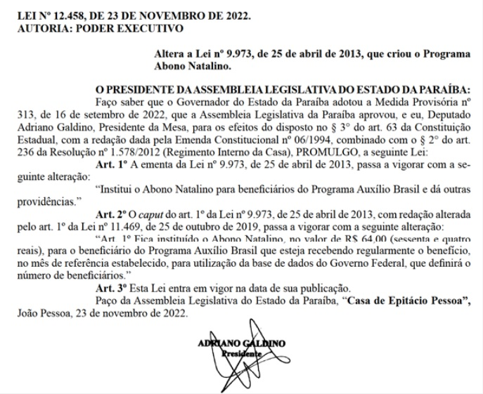 Lei altera para R$ 64 o valor do abono natalino do Auxílio Brasil na Paraíba