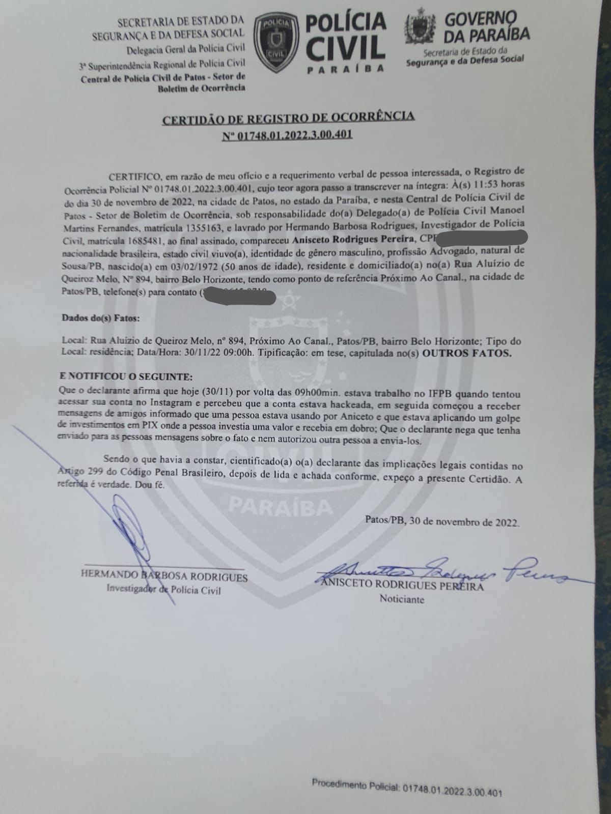 Professor e advogado, Aniceto Rodrigues, tem conta do Instagram hackeada e alerta para possíveis golpes