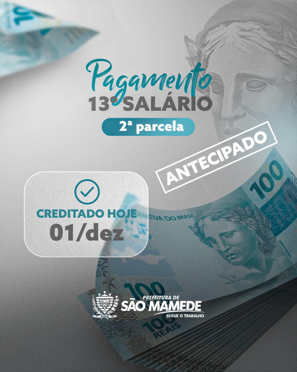 Prefeitura de São Mamede antecipa segunda parcela do 13º salário dos servidores públicos