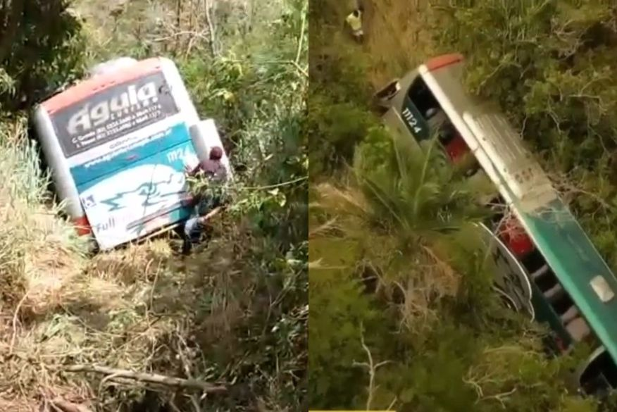 Ônibus perde o controle e cai em ribanceira no acesso ao Memorial Frei Damião, em Guarabira-PB