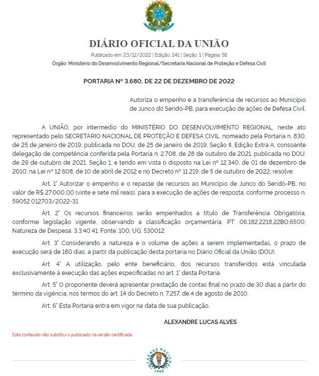 Defesa Civil Nacional repassa R$ 27 mil para prefeitura de Junco do Seridó contratar carro-pipa