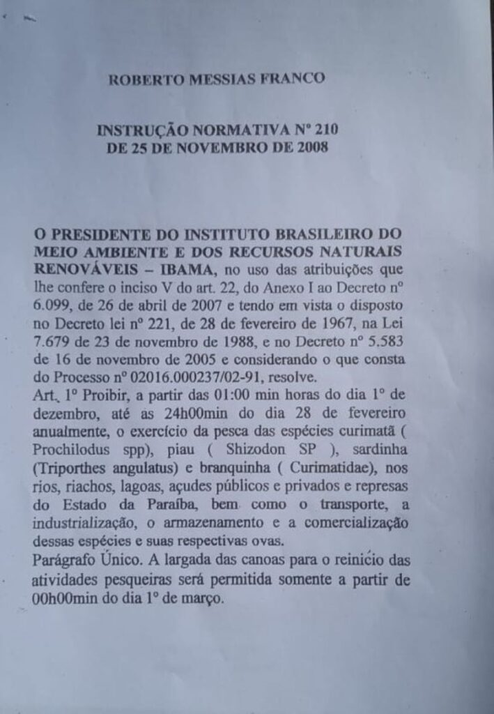 Colônia de Pescadores de Patos comunica proibição da pesca em respeito a reprodução das espécies por determinação do IBAMA