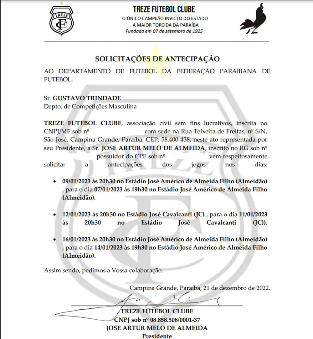 Treze solicita à FPF-PB antecipação de seus três primeiros jogos no Campeonato Paraibano de 2023, um deles contra o Nacional de Patos