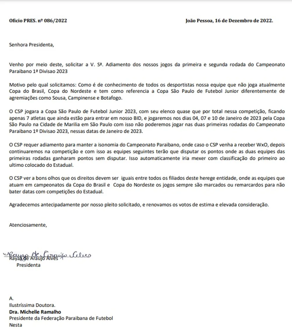 Por conta da Copinha, CSP pede adiamento de seus dois primeiros jogos do Paraibano; estreia seria contra o Nacional de Patos