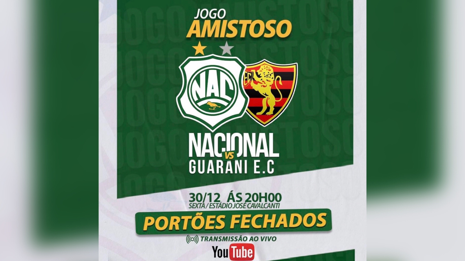 Nacional de Patos entra em campo nesta sexta-feira (30) para amistoso diante do Guarani de Juazeiro-CE, no José Cavalcanti; jogo será com portões fechados