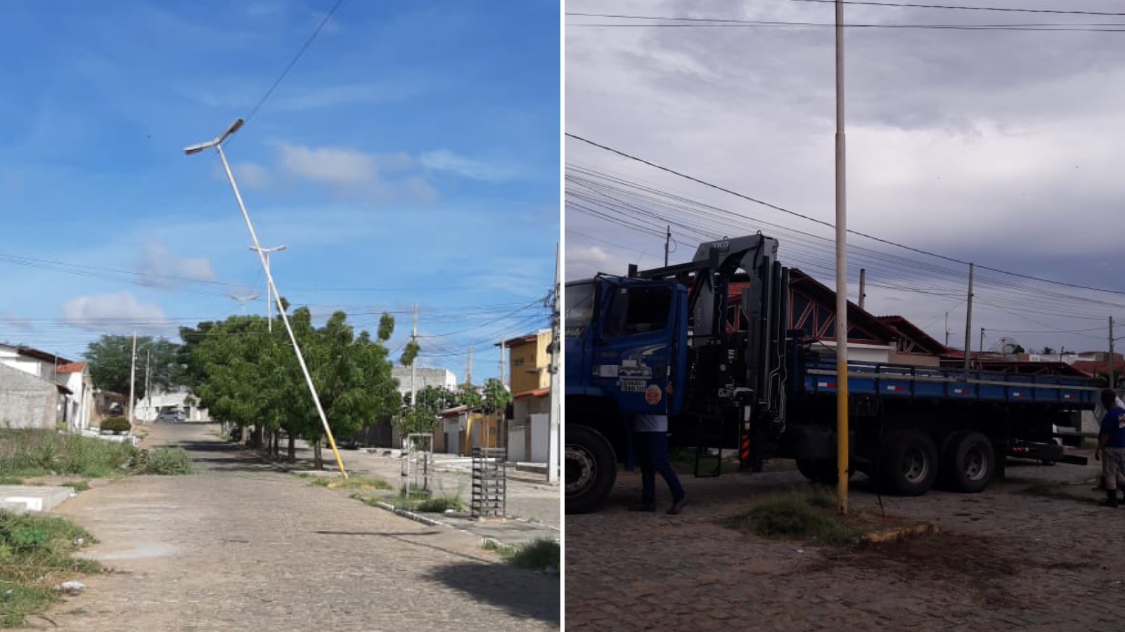 Em Patos, poste de iluminação pública prestes a cair, no Bairro São Sebastião, é consertado; Ouça