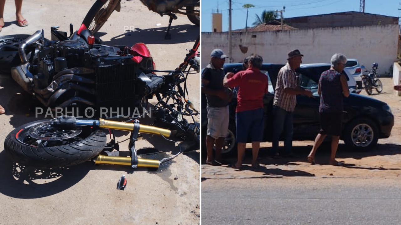 Moto de alta cilindrada fica destruída após colidir com carro na cidade de Matureia, Região Metropolitana de Patos