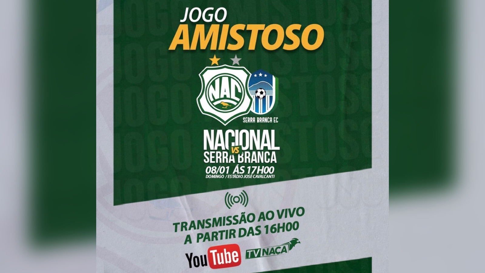 Nacional de Patos realizará amistoso na tarde deste domingo (08) contra o Serra Branca, no estádio José Cavalcanti; partida será sem torcida