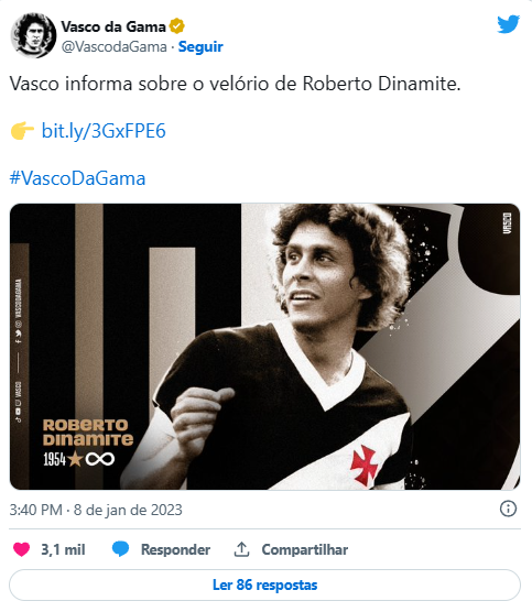 Roberto Dinamite será velado a partir desta segunda-feira (09) em São Januário