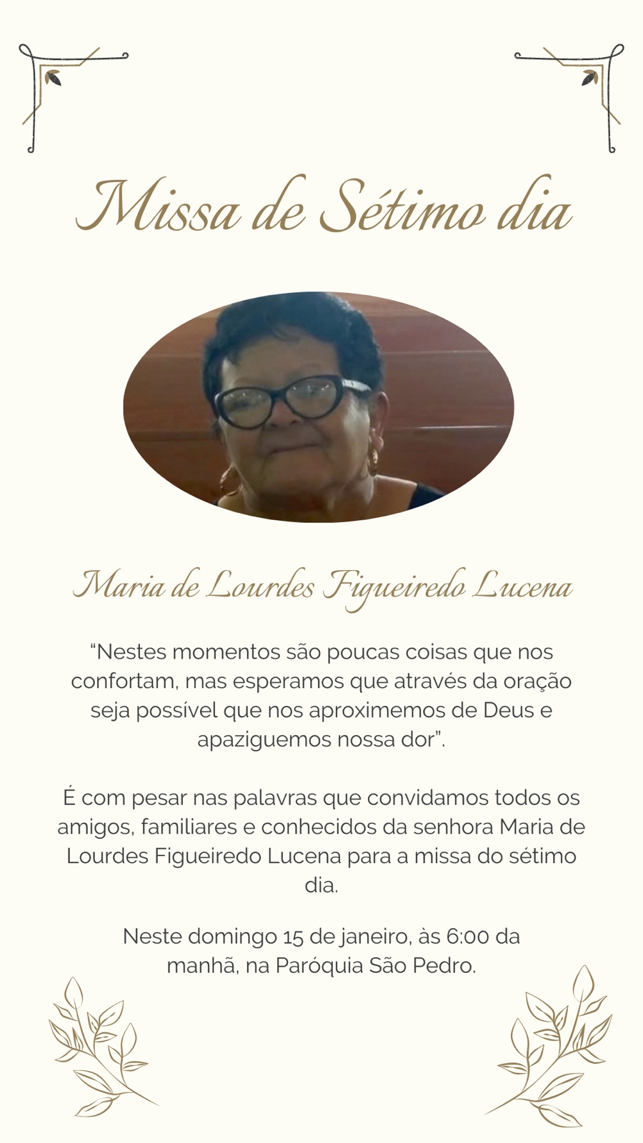 Familiares da Maria de Lourdes Figueiredo Lucena convidam parentes e amigos para a missa de sétimo dia
