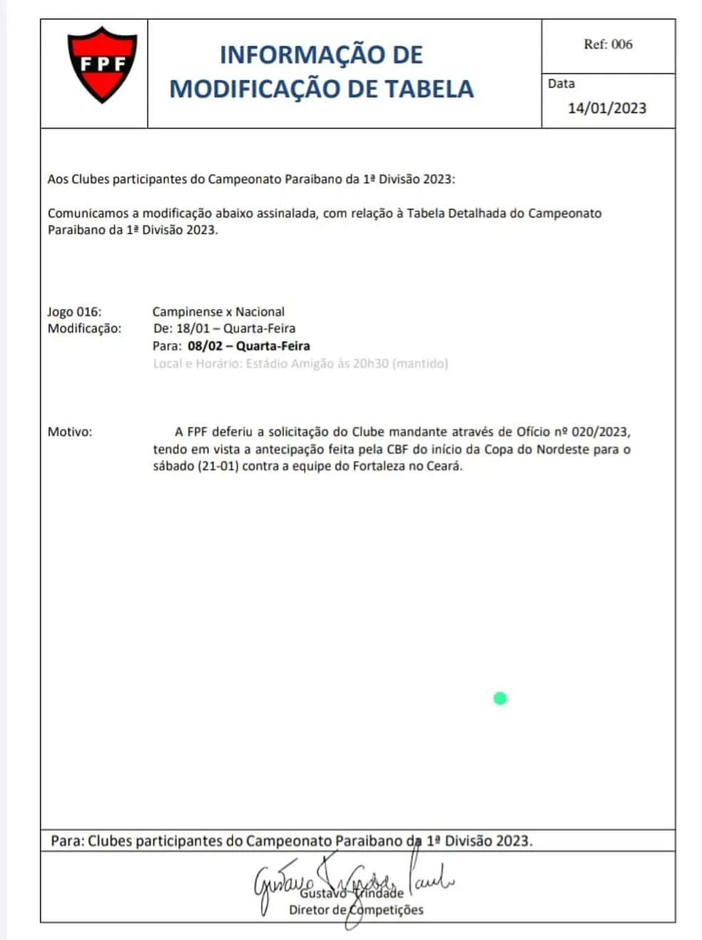FPF confirma adiamento do jogo entre Campinense x Nacional de Patos para o dia 8 de fevereiro