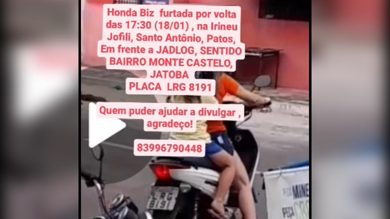Motocicleta é furtada na noite desta quarta-feira (18) na Rua Irineu Joffily, no bairro do Santo Antônio, em Patos