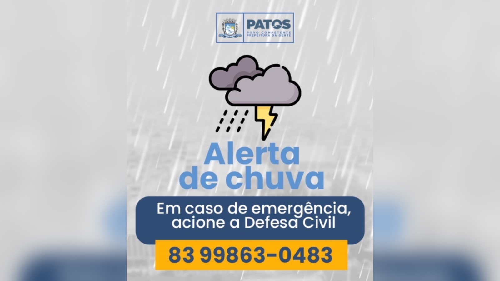 Defesa Civil de Patos intensifica ações preventivas para evitar transtornos durante período chuvoso