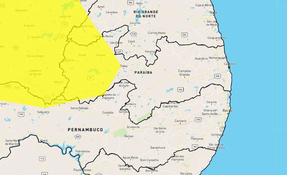 Inmet emite alerta de chuvas intensas para 43 cidades do Sertão da Paraíba; veja lista