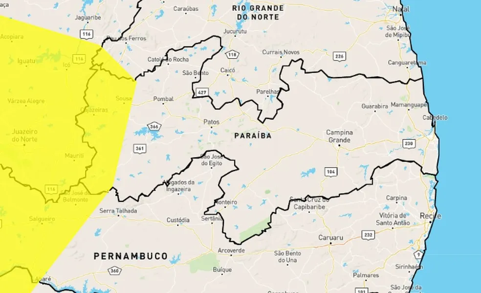 Inmet emite alerta de chuvas intensas para mais de 30 cidades do Alto Sertão da Paraíba; veja lista