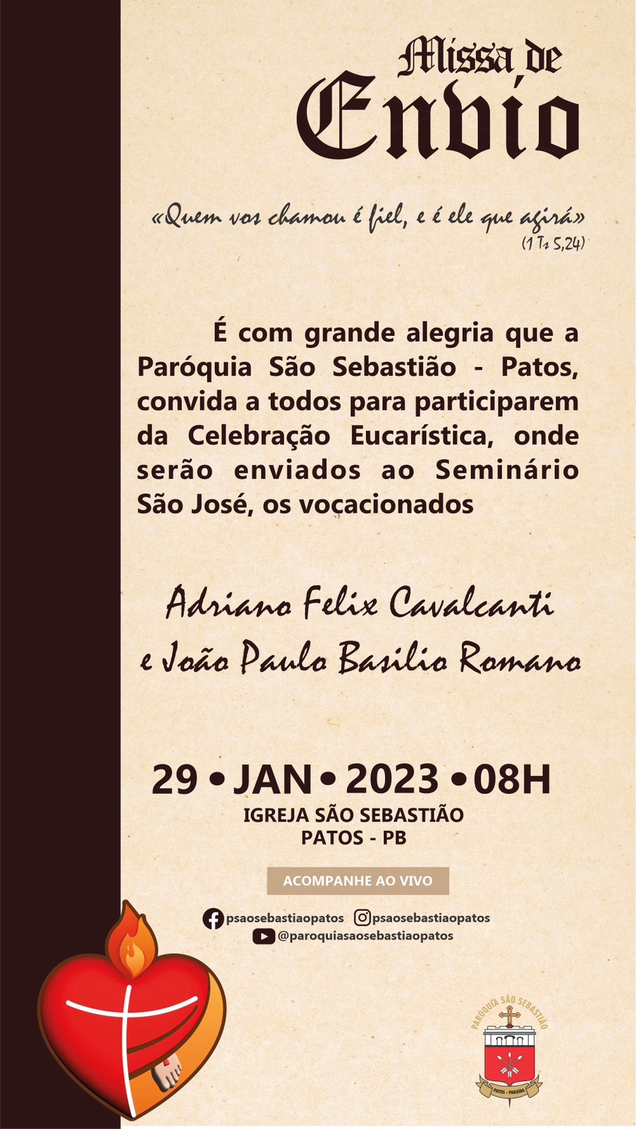 Paróquia de São Sebastião convida população a participar da Celebração Eucarística neste domingo (29)