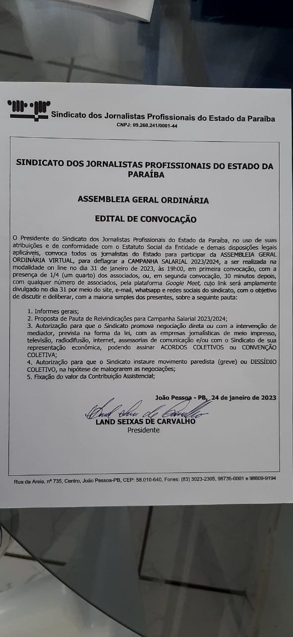 Sindicato dos Jornalistas da Paraíba realiza Assembleia Geral dia 31 de janeiro