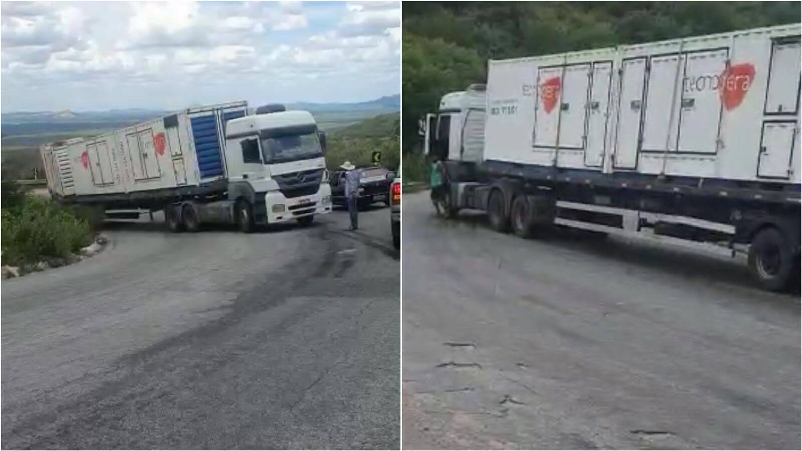 Carreta Bitrem fica enguiçada enquanto subia a Serra do Teixeira no início da tarde desta terça-feira. VÍDEO