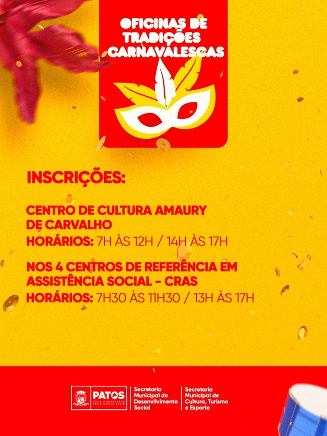 Prefeitura de Patos abre inscrições para oficinas de tradições carnavalescas