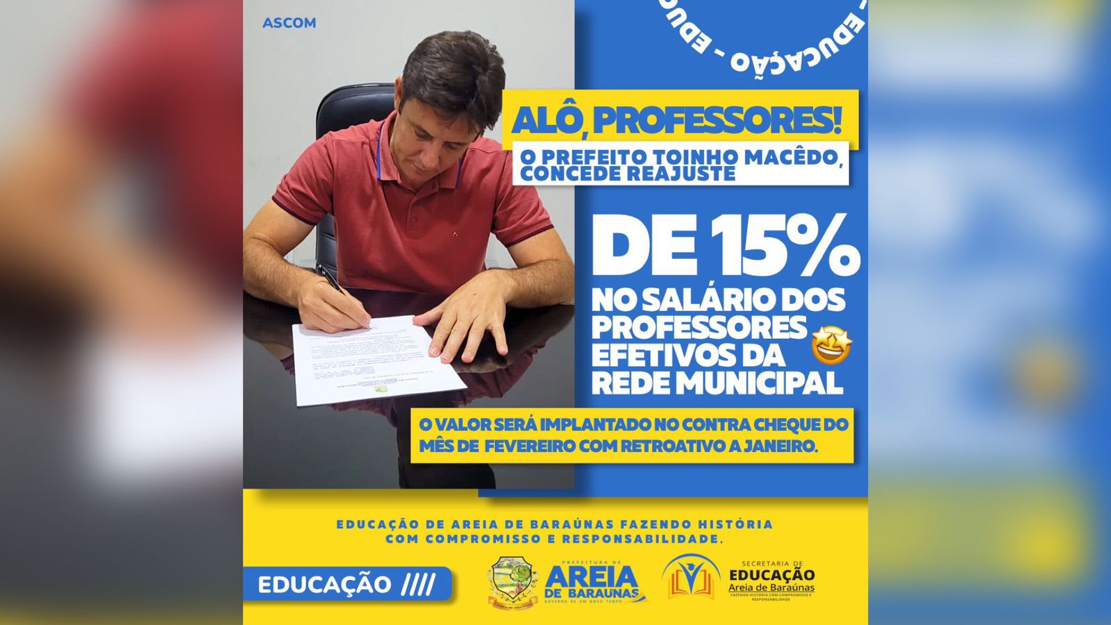 Prefeito de Areia de Baraúnas concede reajuste salarial dos professores acima da média nacional