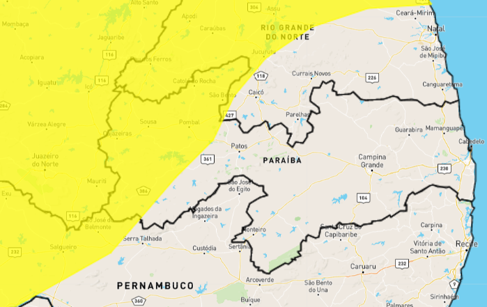 Inmet emite alerta de perigo potencial de chuvas para 64 cidades do Sertão da Paraíba; veja lista