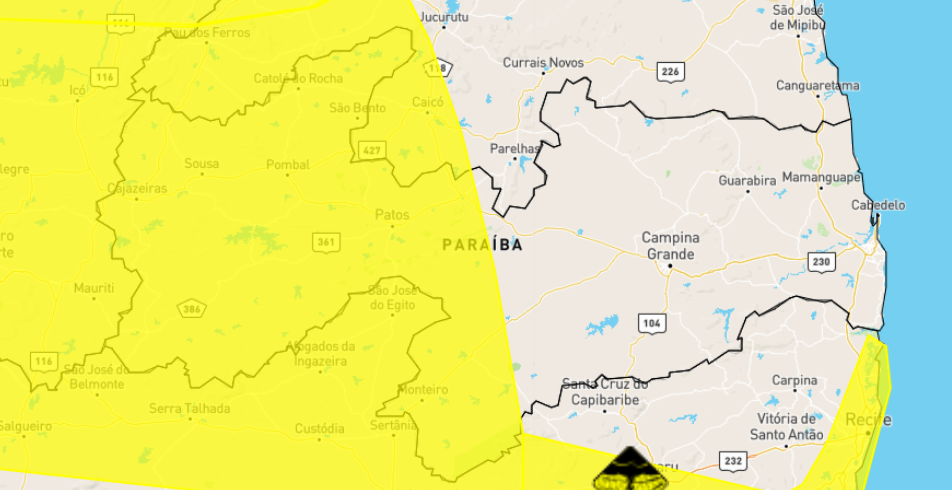 Inmet emite alerta de perigo potencial de chuvas para Patos e mais 104 cidades da Paraíba; veja lista