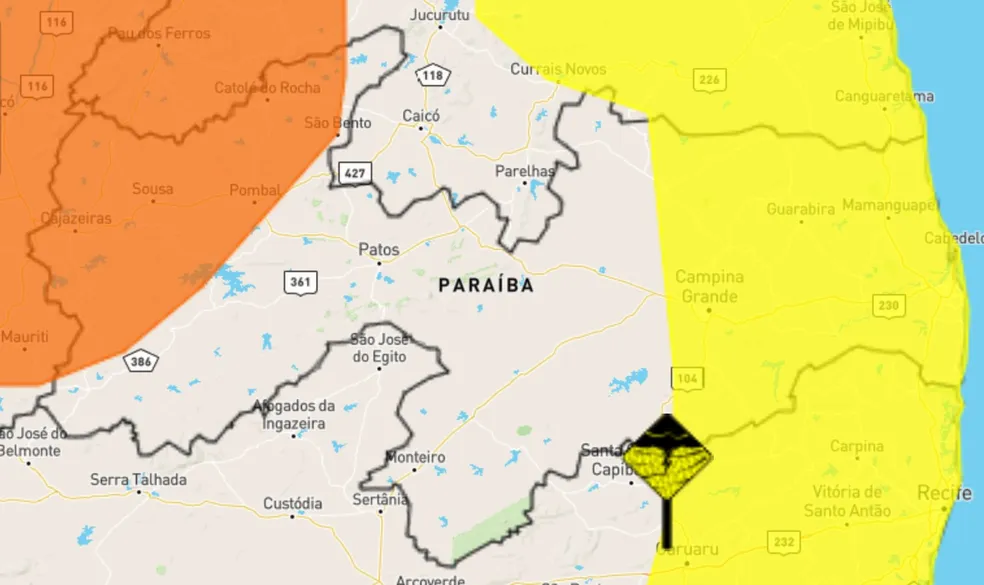 Inmet emite alertas amarelo e laranja de perigo de chuvas intensas para 146 cidades da Paraíba