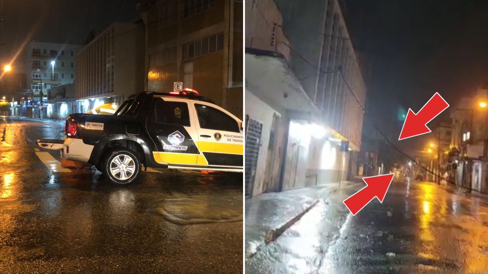 Com fortes ventos e chuva, fios de energia ficam pendurados na Rua Escritor Rui Barbosa, no centro de Patos, e por pouco não provocam acidente