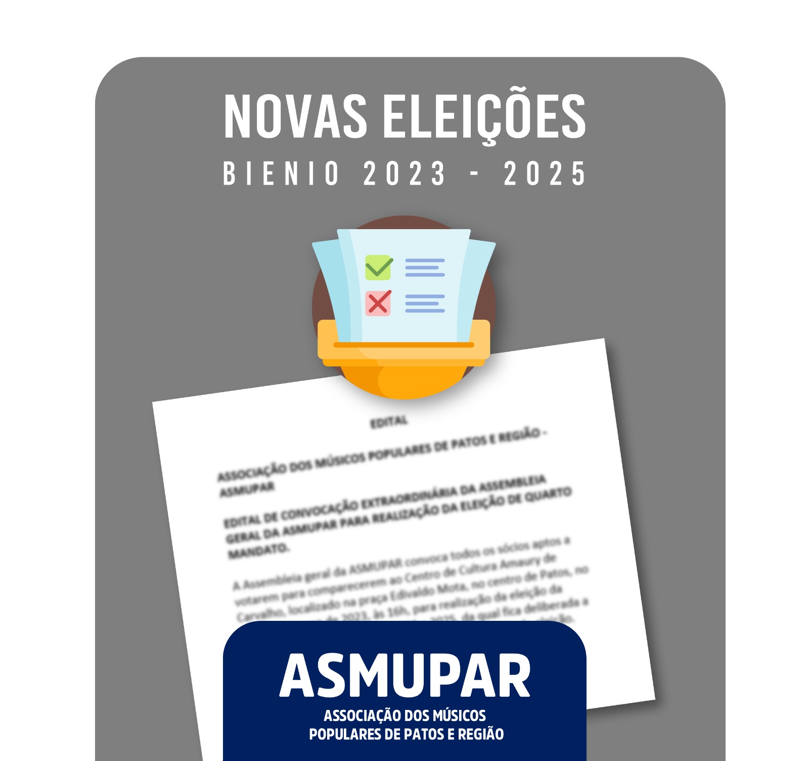Eleições para nova gestão da Associação dos Músicos Populares de Patos e Região acontece nesta quinta-feira, 02. Confira edital