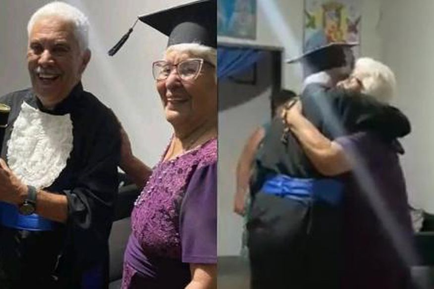 Emoção: idoso de 78 anos comemora formatura com a mãe, de 98, em Minas Gerais. VÍDEO