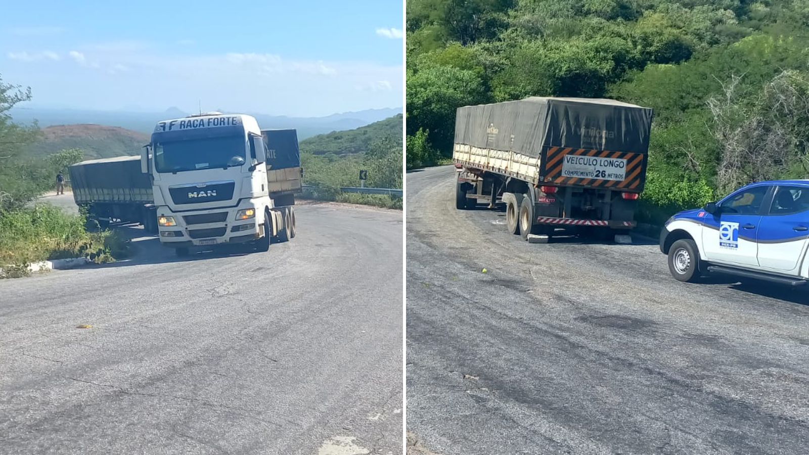 Carreta Bitrem enguiça ao tentar subir Serra do Teixeira no início da manhã desta quarta-feira (08)