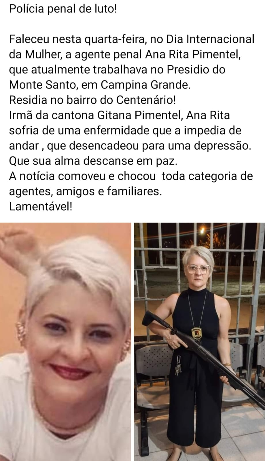 Agente penal Ana Rita Pimentel, natural de Patos, é encontrada morta em sua residência em Campina Grande