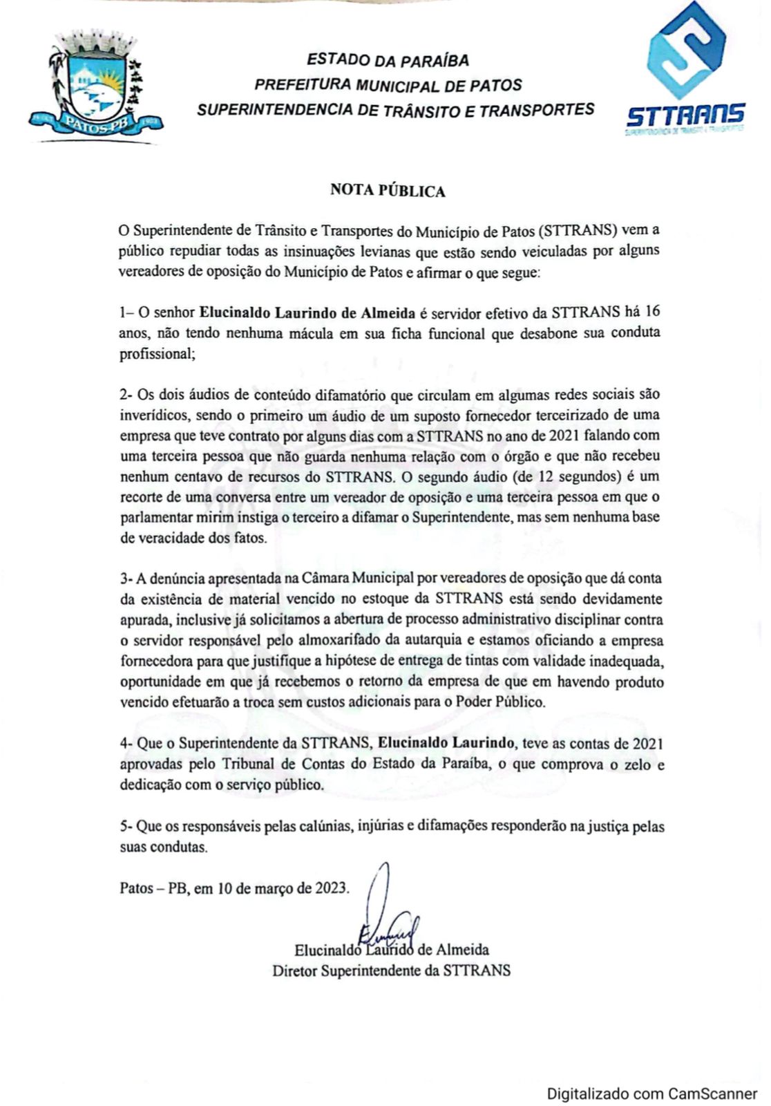 Superintendente da STTRANS emite nota repudiando insinuações de vereadores da oposição e diz que responsáveis responderão na Justiça