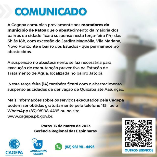 População de Patos reclama da falta de água nas torneiras há pelo menos dois dias; Cagepa emite nota