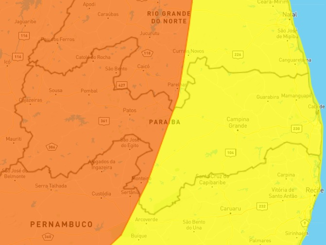 Inmet emite alerta de chuvas intensas para Patos e todos os municípios da Paraíba, com risco de ventos de até 100 km/h no interior