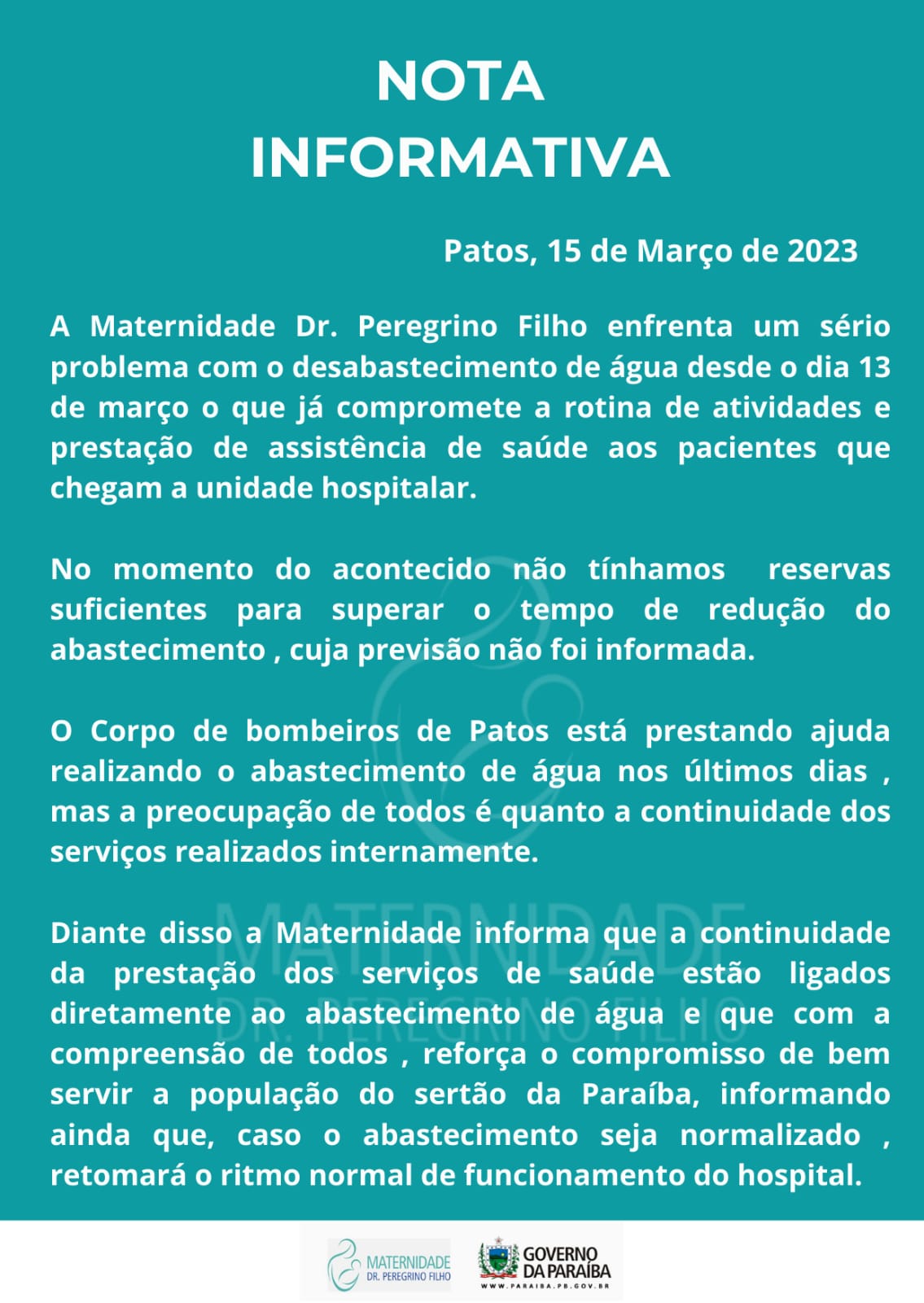 Por falta de água, Hospital Regional de Patos suspende cirurgias eletivas até o próximo sábado (18)