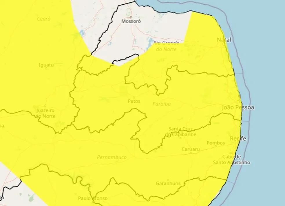 Inmet emite alerta de perigo potencial de chuvas intensas para Patos e todas as cidades da Paraíba; veja lista