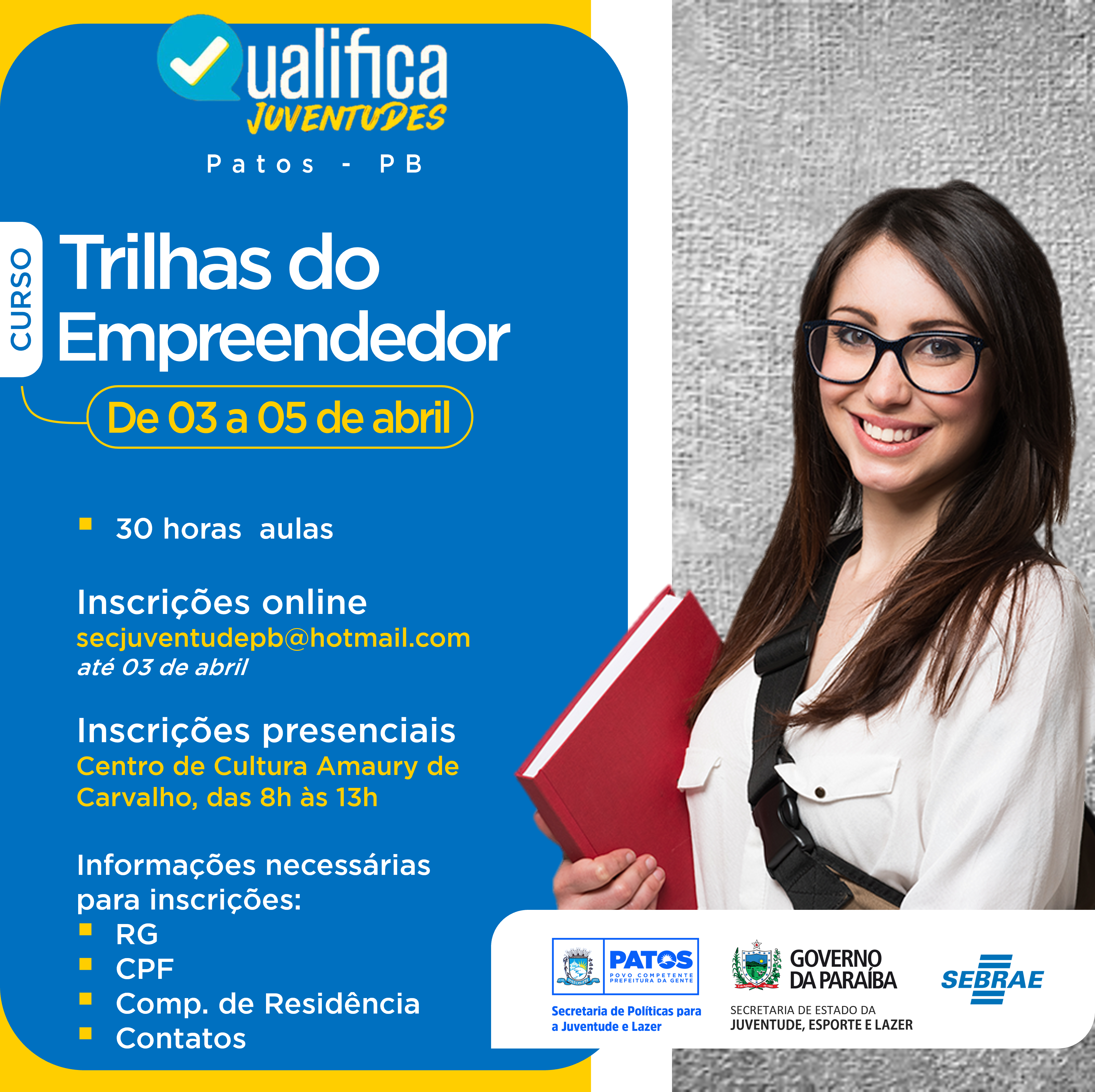Secretário de Juventude de Patos convida jovens para participarem de cursos de empreendedorismo – inscrições abertas