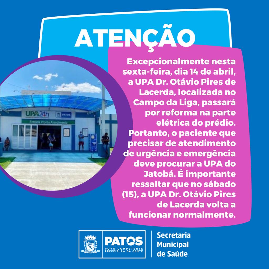 UPA do Campo da Liga estará com atendimentos suspensos nesta sexta-feira (14) devido a reforma na parte elétrica do prédio