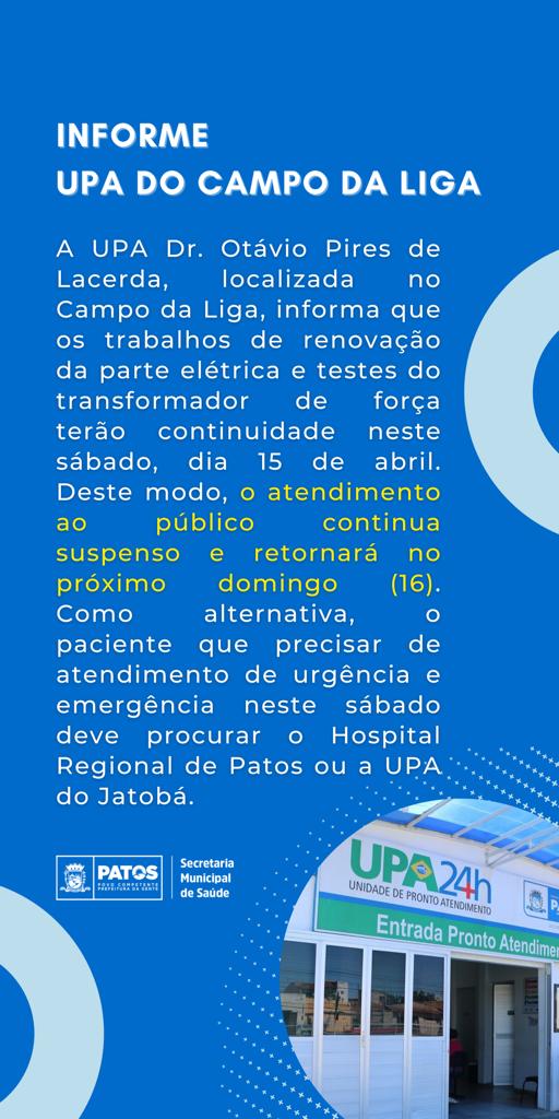 Atendimentos na UPA do Campo da Liga continuam suspensos neste sábado (15) devido à manutenção na rede elétrica