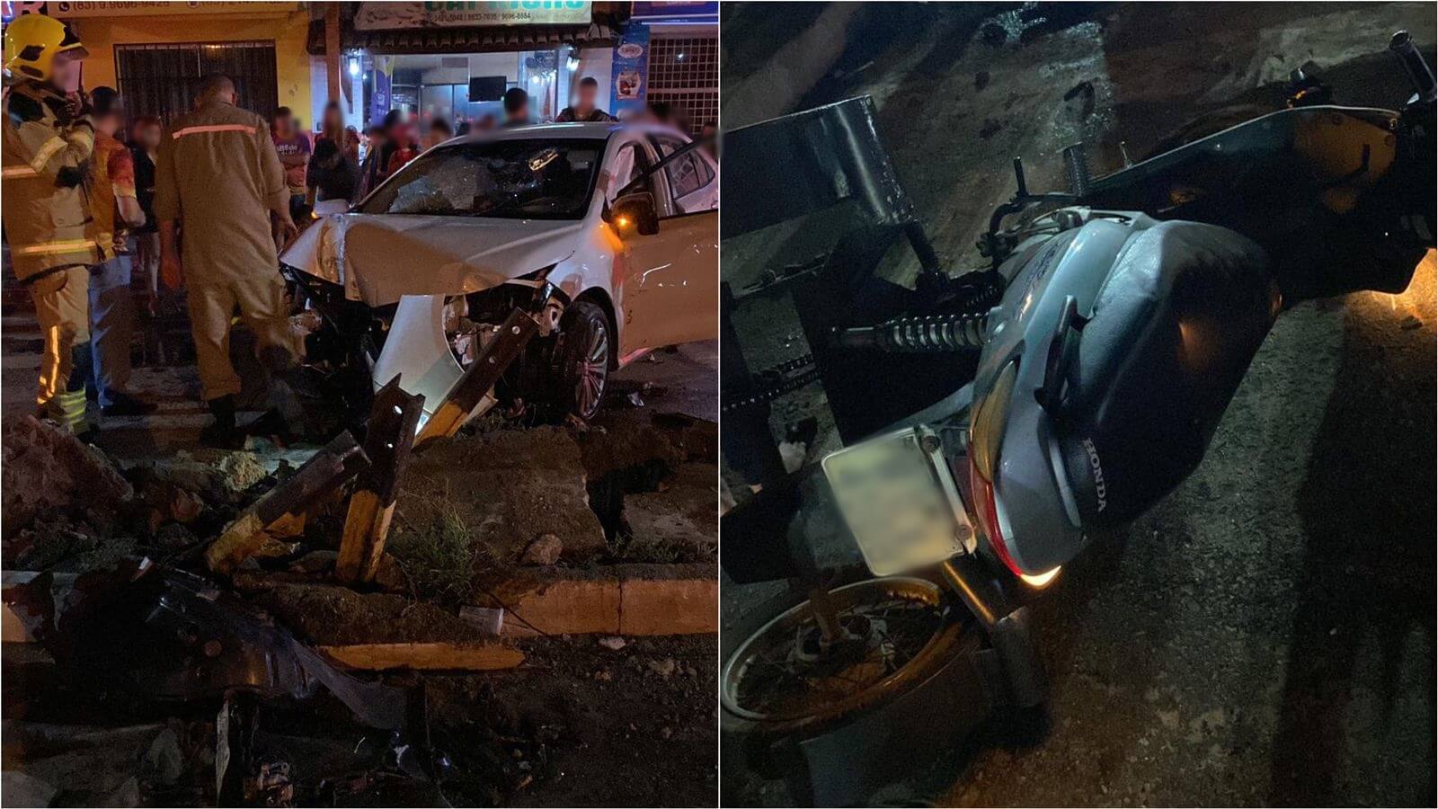 Grave acidente envolvendo carro e moto é registrado na noite deste sábado (15), no Centro de Patos. VÍDEO