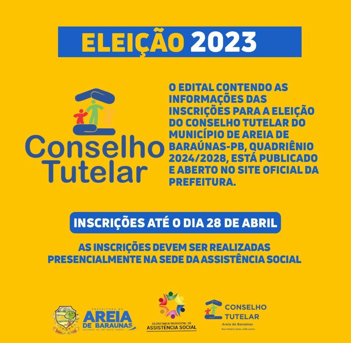 Prefeitura de Areia de Baraúnas divulga edital com informações sobre inscrições para a eleição do Conselho Tutelar Municipal