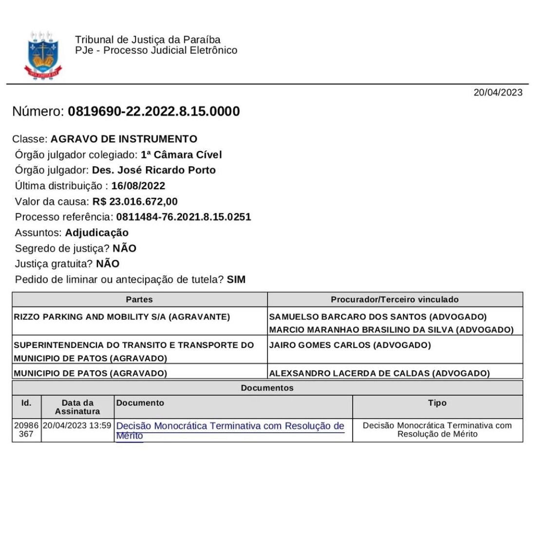 Desembargador derruba liminar que autorizava empresa Rizzo Parking a atuar na Zona Azul, em Patos. CONFIRA