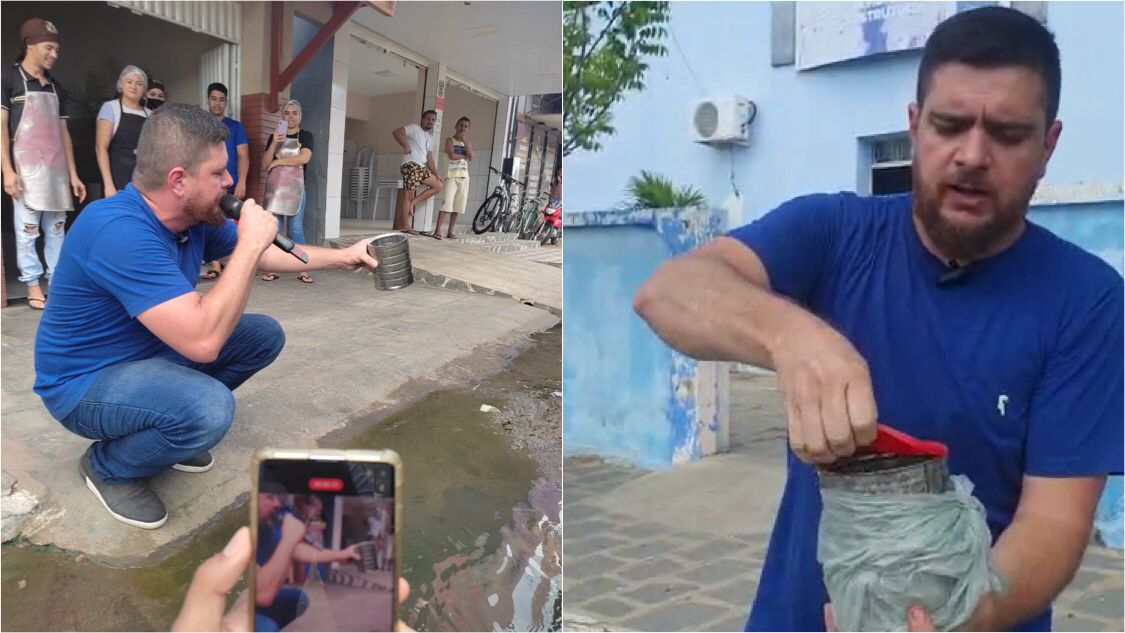 Jamerson Ferreira entrega lata com lama de galeria na Secretaria de Infraestrutura