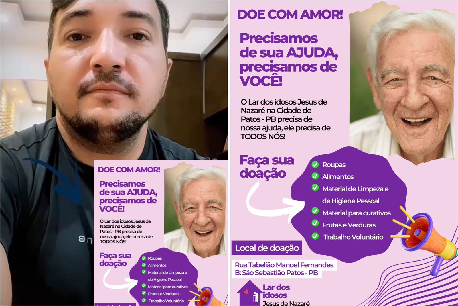 Jovem aluno do Curso Técnico de Enfermagem fica sensibilizado com o Lar dos Idosos de Patos após estagiar no local e cria campanha de doação para a entidade; veja como ajudar